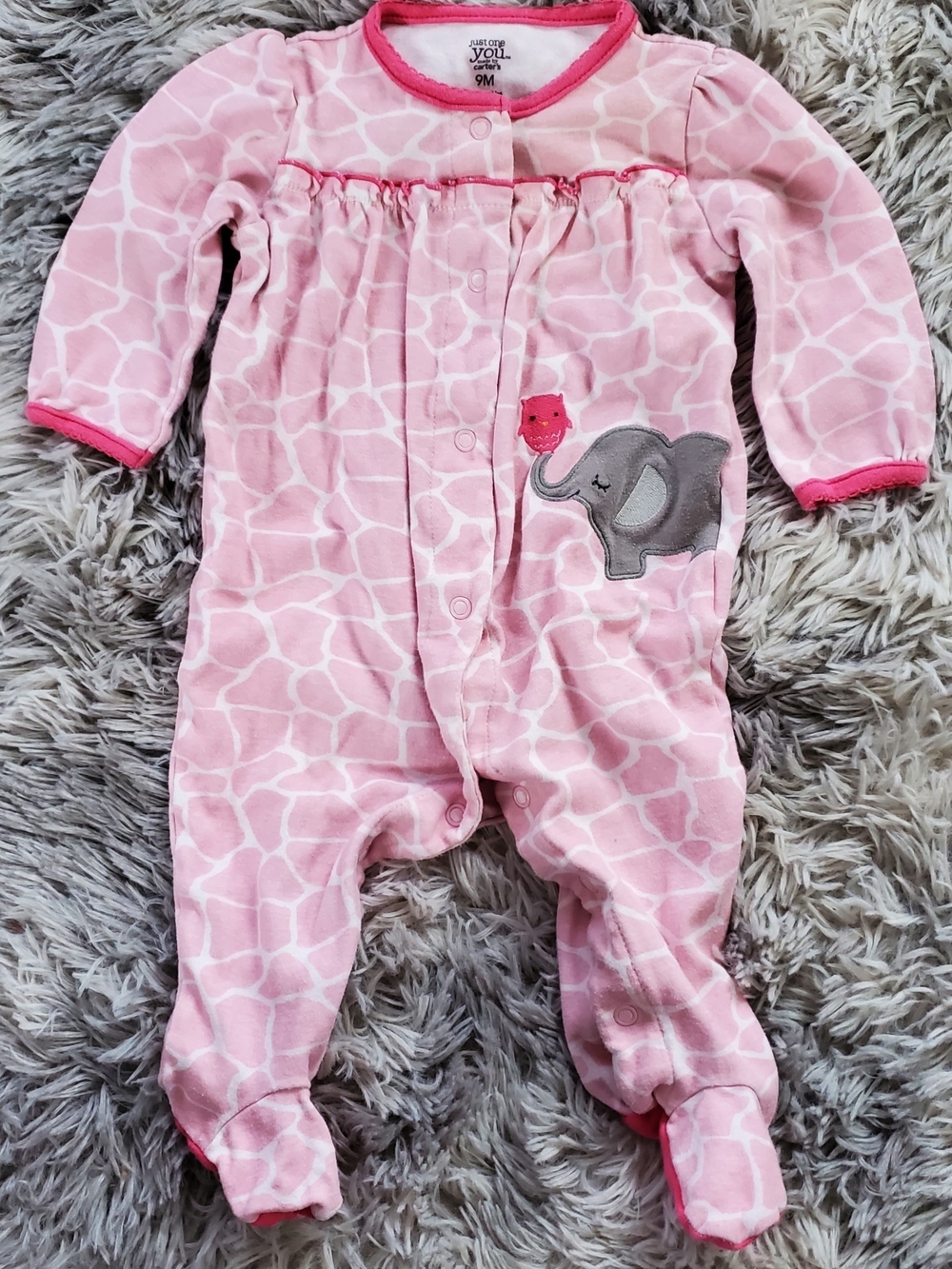 Carter's Pink Giraffe-Print Footed One-Piece with Elephant Applique - 9M